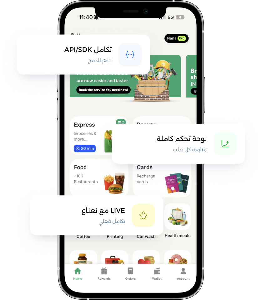 تطبيق شريك يعرض قسم خدمات أجير مع بطاقات التكامل ولوحة التحكم والتكامل الفعلي مع نعناع